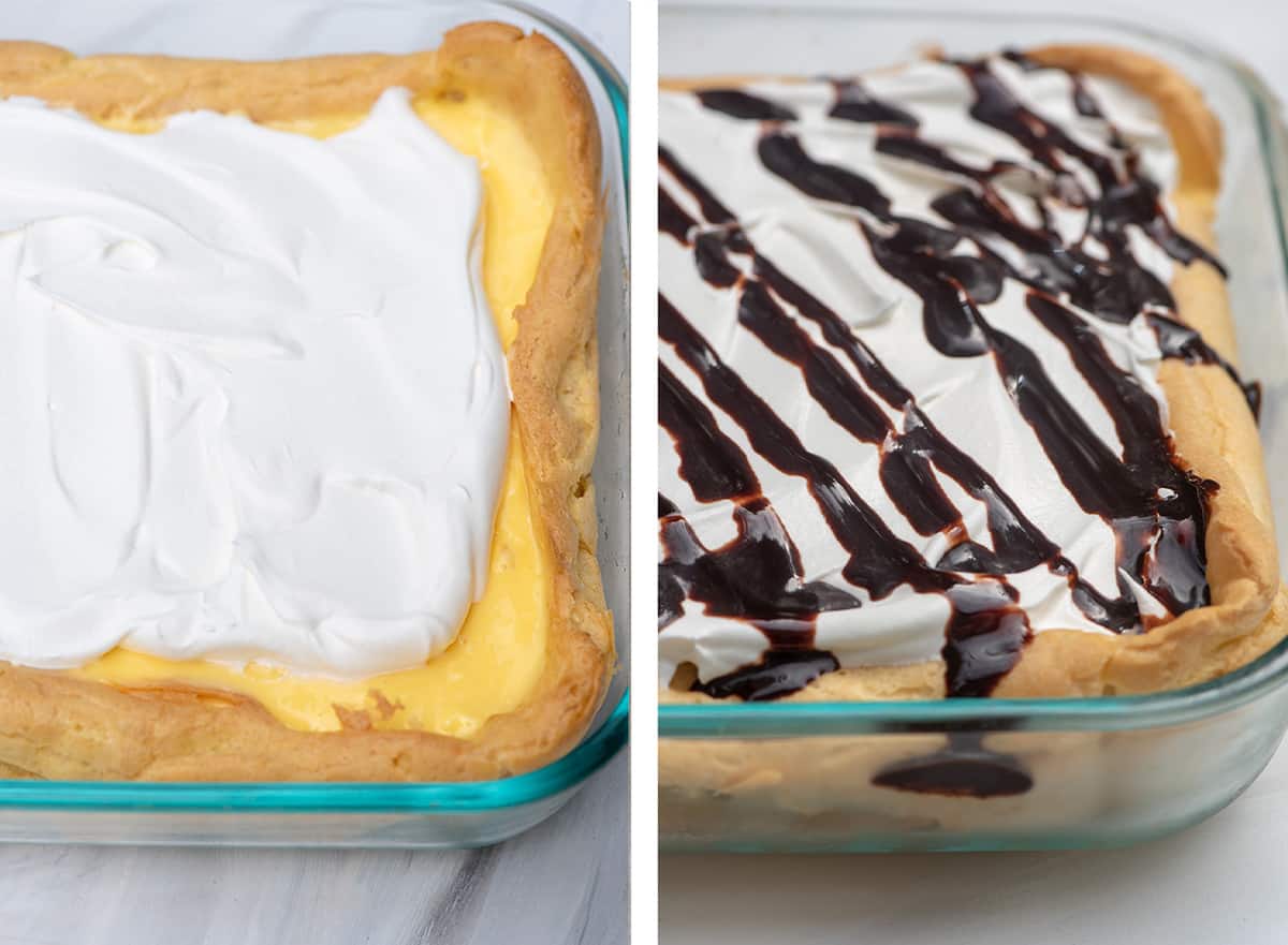 Two images of custard and Cool Whip layered in cream puff pastry drizzled with chocolate syrup.