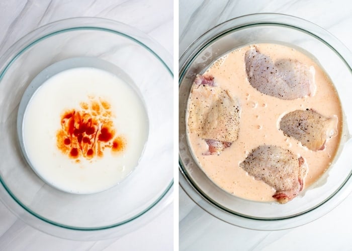 Two images side by side - buttermilk and hot sauce in a glass mixing bowl and raw chicken immersed in the mixture.