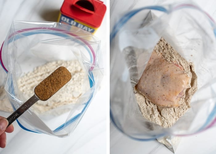 Two images side by side - flour in a plastic bag with a teaspoon of Old Bay Seasoning hovering above and a piece of chicken being coated with the mixture.