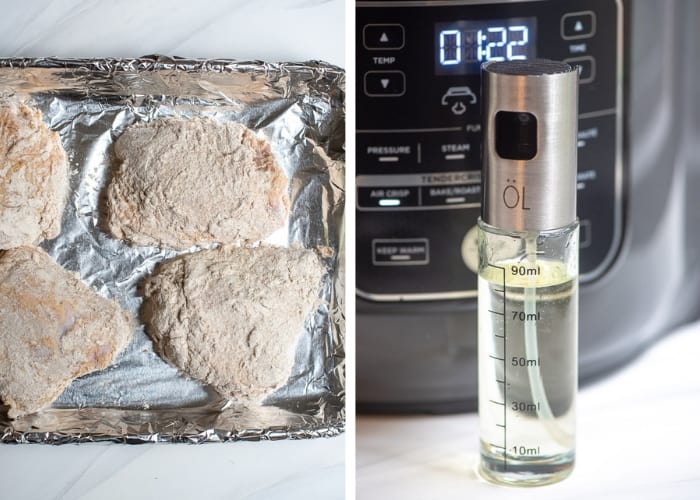 Two images side by side - coated chicken resting on a foil-lined baking sheet and a oil mister set in front of an air fryer.