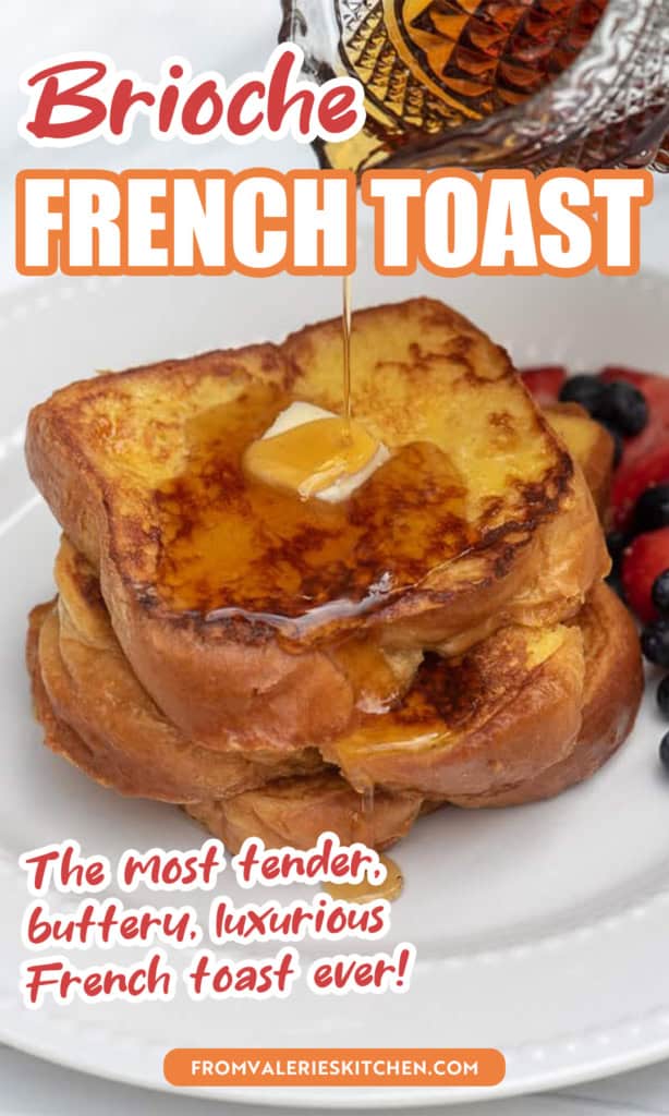 Maple syrup pouring on to a stack of French toast on a white plate with text overlay.