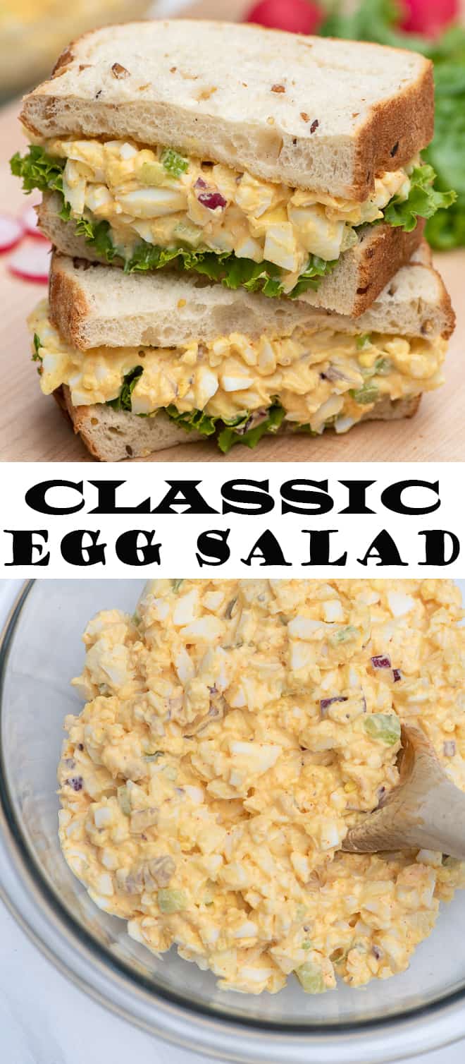 A vertical two image collage of an egg salad sandwich and egg salad in a glass bowl with overlay text