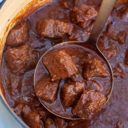 A ladle scoops up chunks of beef from a Dutch oven.