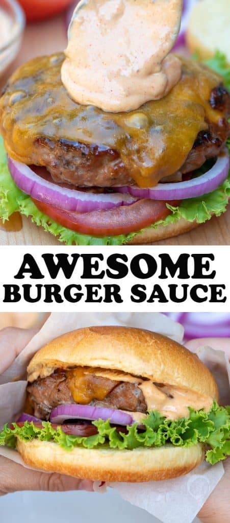 Awesome Burger Sauce on a turkey burger with text overlay.