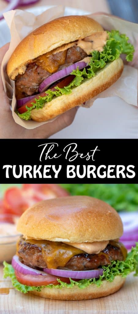 A two image vertical collage of Turkey Burgers with text overlay.