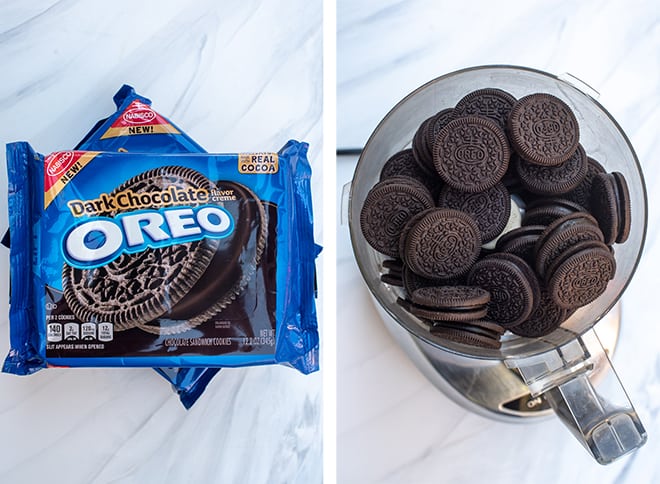 Two images - one of Dark Chocolate Oreo Cookies in the packaging and one of a food processor bowl filled with the cookies.