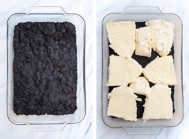 Two images - one of the Dark Chocolate Oreo Crust and the second of slices of vanilla ice cream placed over the crust.