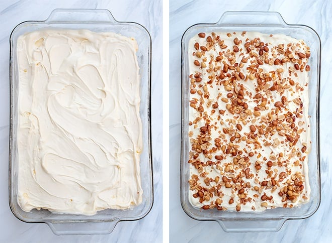 Two images - one of the ice cream smoothed out into an even layer and the second shows Spanish peanuts sprinkled over the top.