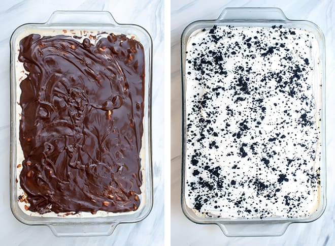 Two images - one of the chocolate fudge sauce poured over the peanut layer and the second shows the final layer of Cool Whip and crushed Oreo's.