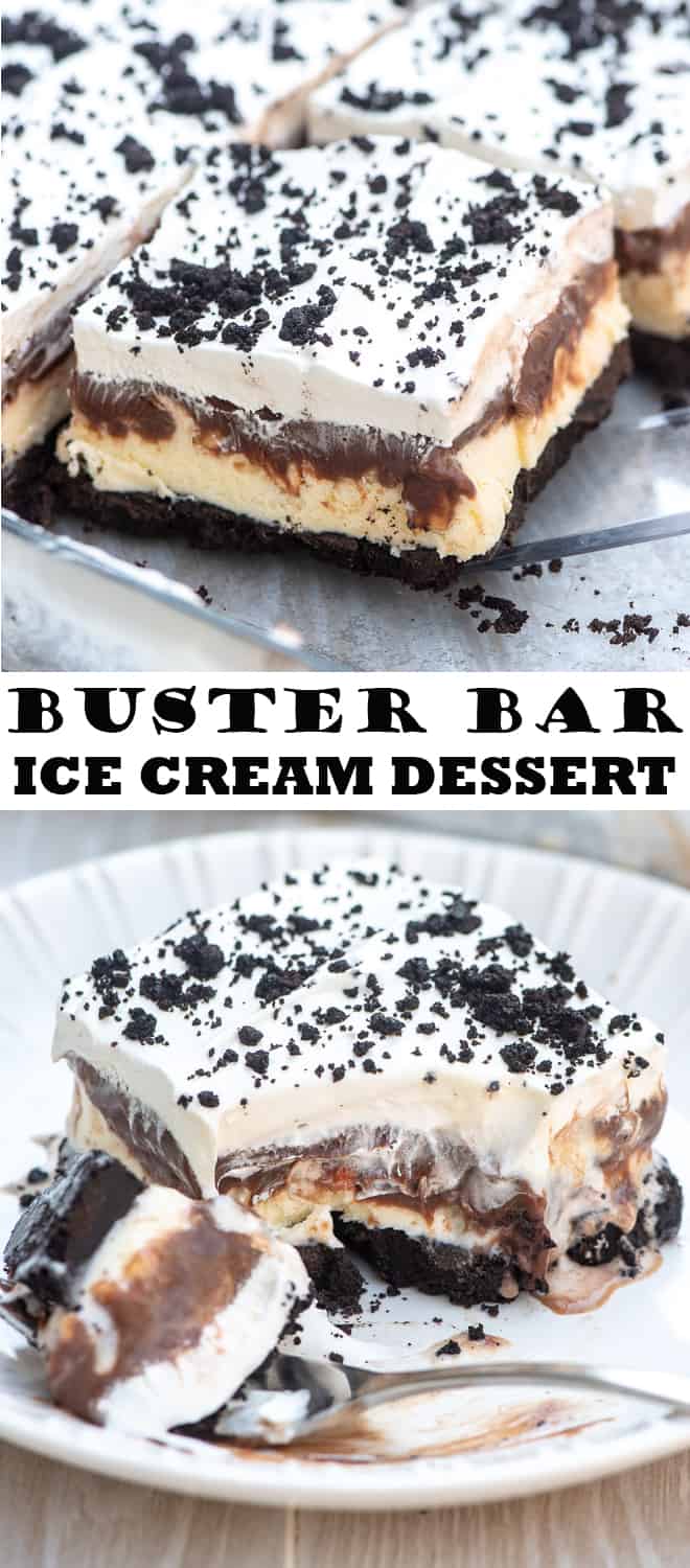 A two image vertical collage of the Buster Bar Ice Cream Dessert with overlay text.