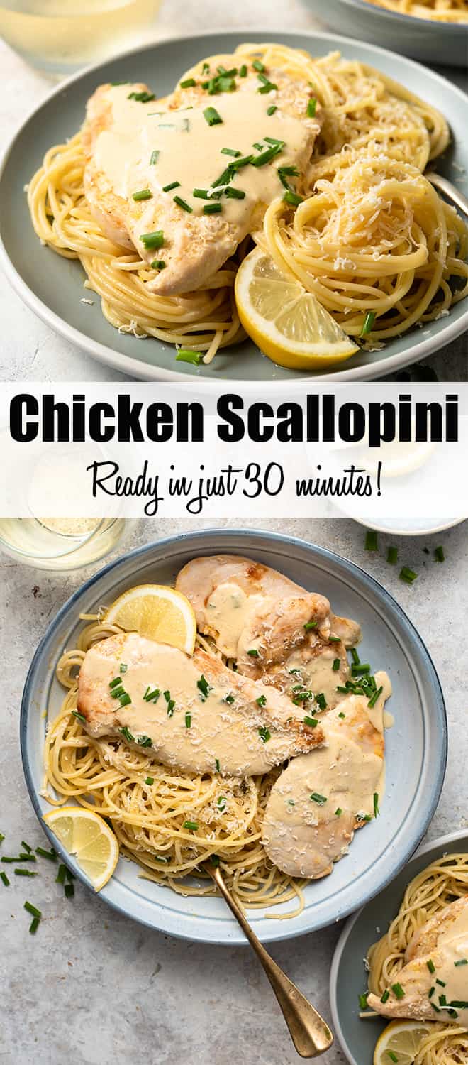 A two image vertical collage of Chicken Scallopini plated and in a skillet with overlay text.