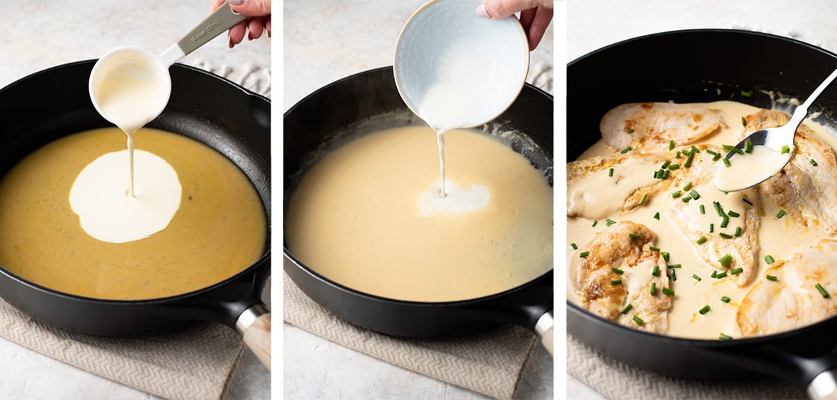 Cream is added to sauce in a skillet and spoon pouring sauce over chicken.