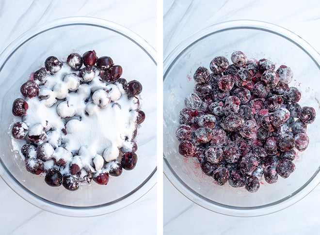 A two image horizontal collage of pitted cherries in a large glass mixing bowl with sugar and flour.