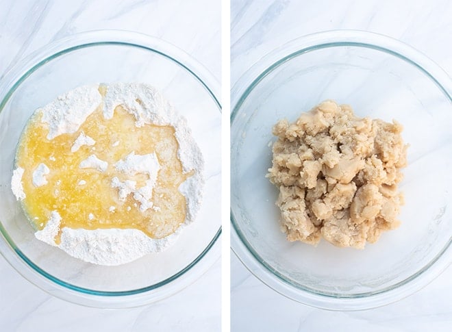 A two image horizontal collage of flour and sugar in a glass mixing bowl with melted butter and heavy cream. It combines to form a soft cobbler dough.