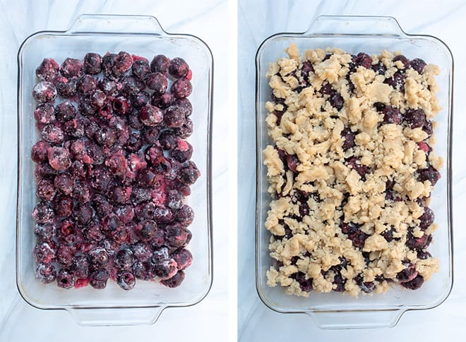 A two image horizontal collage of the sugar coated cherries in a baking dish and topped with the cobbler dough.