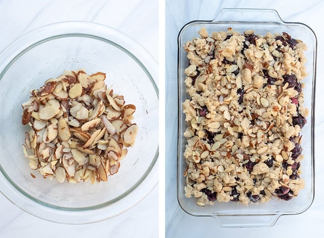 A two image horizontal collage shows a small mixing bowl with sliced almonds combined with sugar and a little melted butter. The mixture is scattered over the top of the cobbler dough in the baking dish.