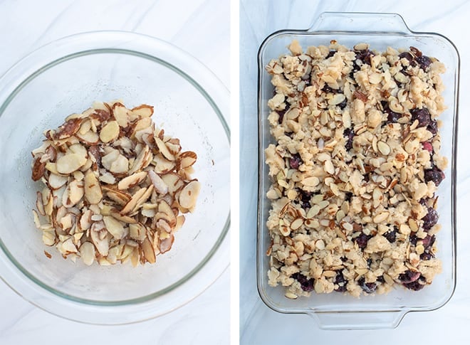 A two image horizontal collage shows a small mixing bowl with sliced almonds combined with sugar and a little melted butter. The mixture is scattered over the top of the cobbler dough in the baking dish.