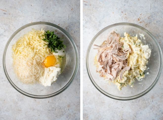 Step by step photos of a chicken ricotta mixture in a bowl for making stuffed shells
