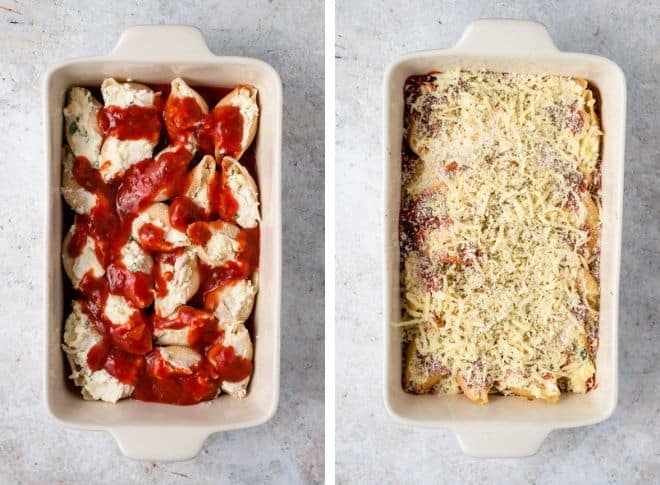 Step by step photos of chicken parmesan stuffed shells ready for the oven