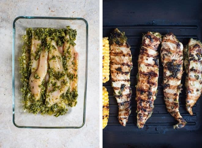 Raw chicken strips covered with chimichurri in a glass dish and then cooking on a grill.