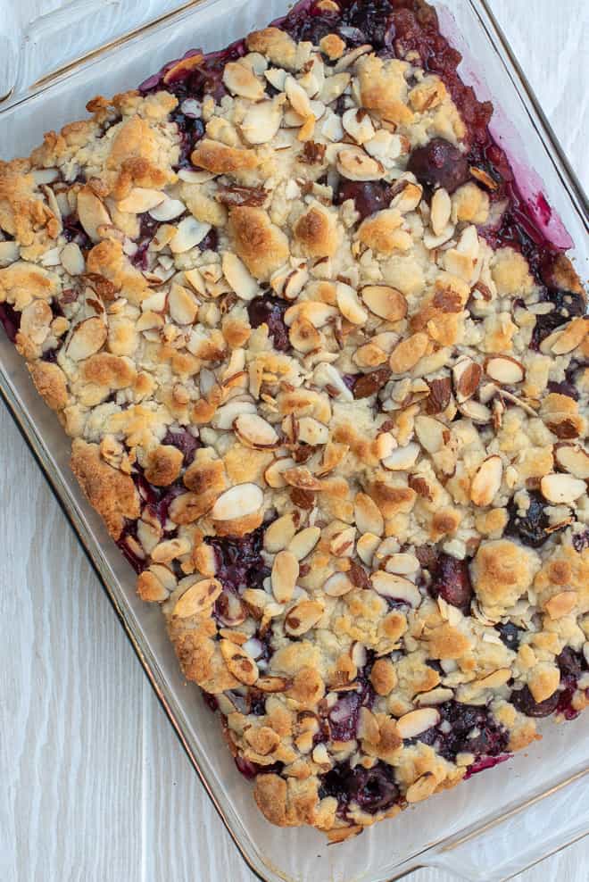 An over the top image of Fresh Cherry Cobbler in a 13-inch x 9-inch baking dish.