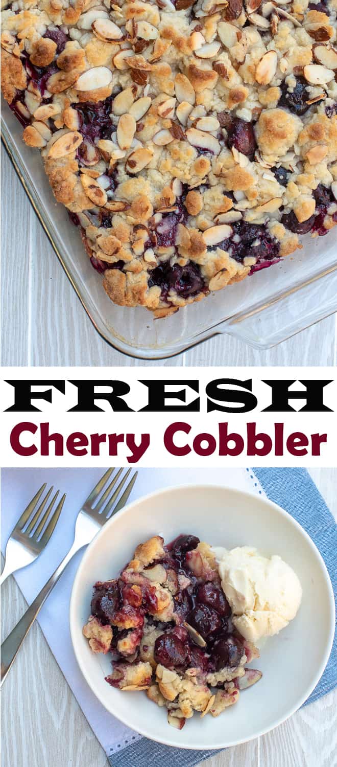 A two image vertical collage of Fresh Cherry Crisp in a baking dish and in a white serving bowl with ice cream.