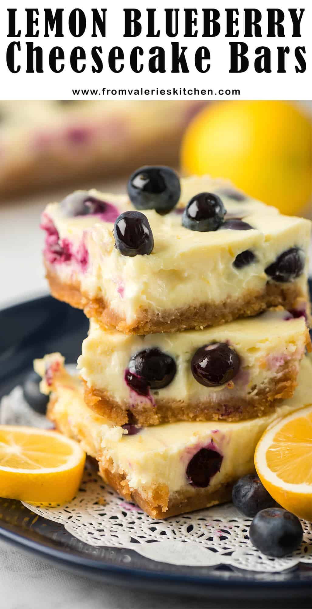 A stack of Lemon Blueberry Cheesecake Bars on a black plate with overlay text.