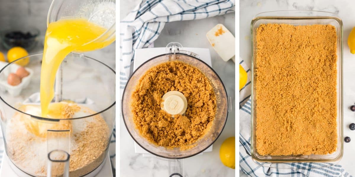 Three in process images showing the graham cracker crust being prepared in a food processor and pressed into a 13 x 9 inch baking dish.