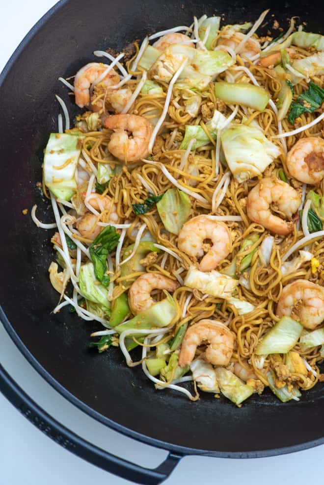 Stir Fried Noodles with Shrimp recipe (Easy Mie Goreng) in a wok.