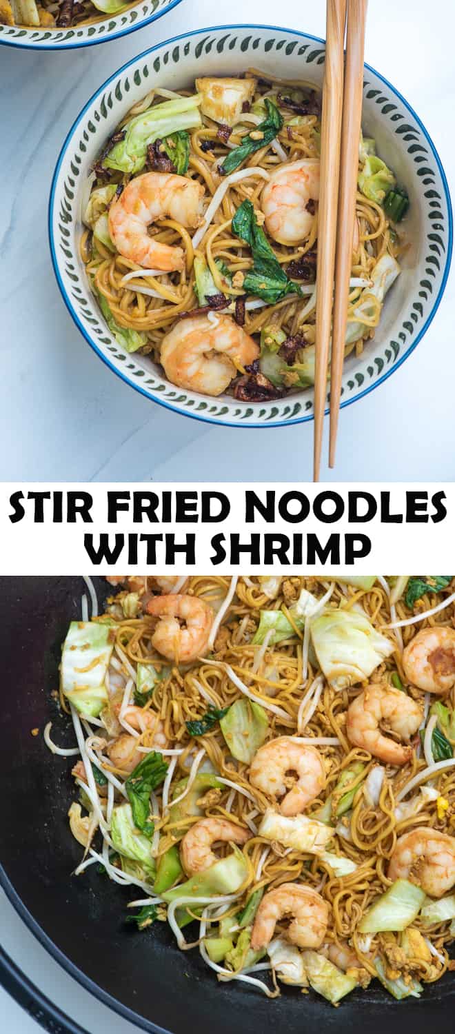 A two image collage of Stir Fried Noodles with Shrimp (Easy Mie Goreng). 