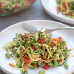 Zucchini noodles with vegetables on a white plate with a fork.