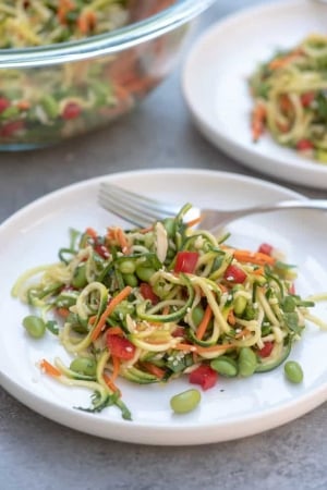Zucchini noodles with vegetables on a white plate with a fork.