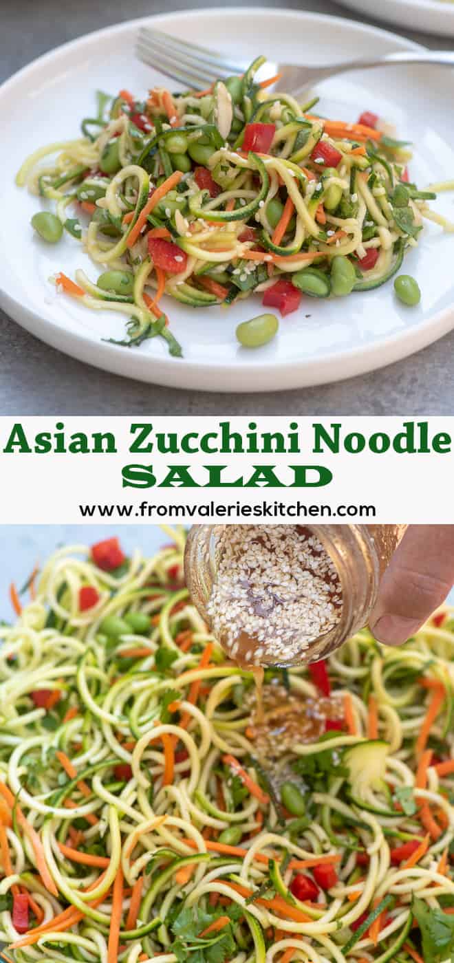 A long vertical collage of Asian Zucchini Noodle Salad on a white plate with a fork and all of the ingredients tossed together in a glass bowl.