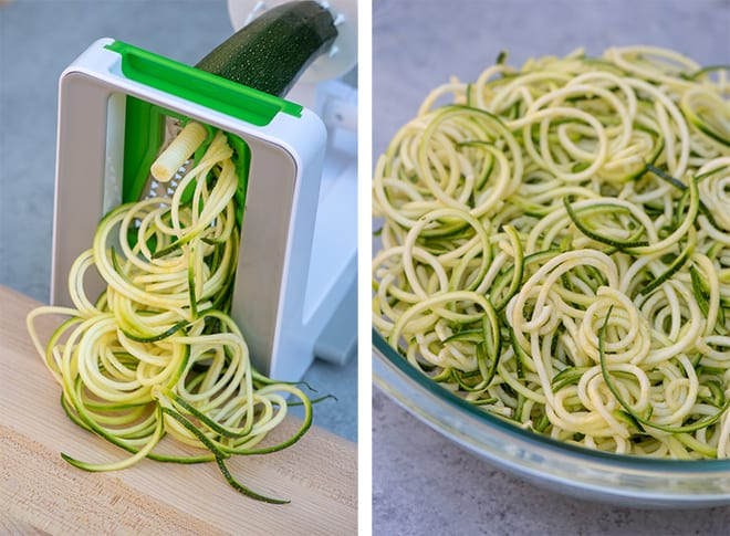 Two images side by side of zucchini in a spiralizer and the zucchini noodles in a clear glass bowl.