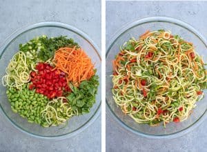 The ingredients for Asian Zucchini Noodle Salad combined in a clear glass bowl.