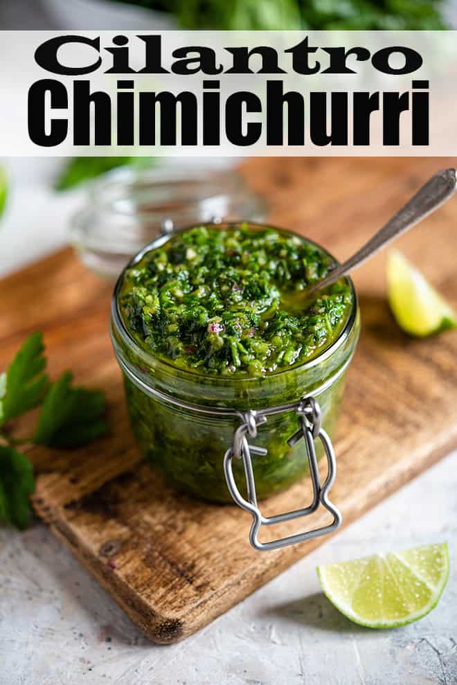 Cilantro chimichurri in a small glass jar with text overlay.