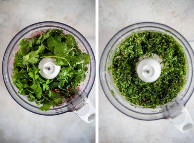 Step by step photos for making cilantro chimichurri in a food processor