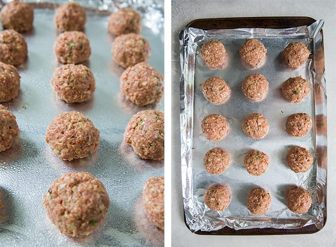 Process shots of meatballs on a foil-lined baking sheet.