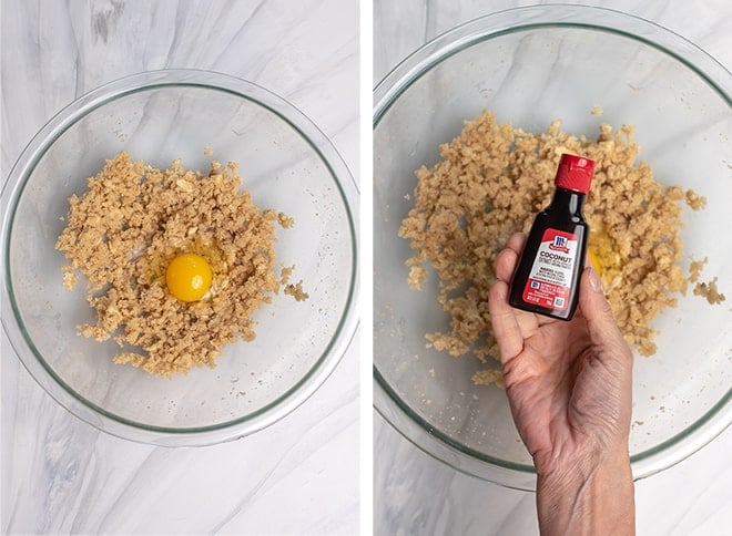 Two images of combining the ingredients in a glass mixing bowl to make the dough.