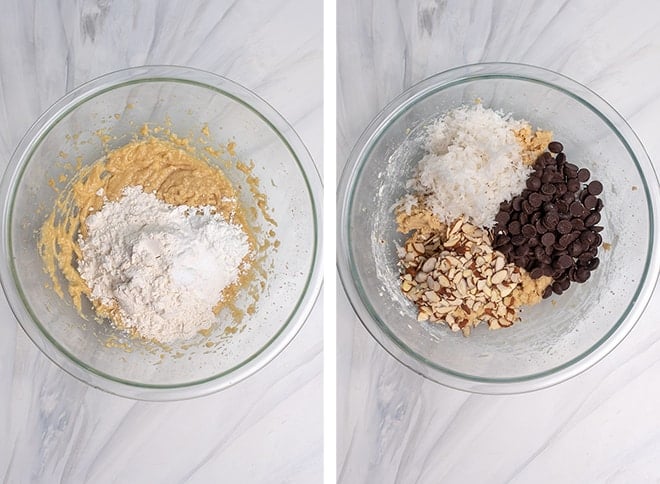 Two images showing the dry ingredients and the chocolate chips, shredded coconut, and sliced almonds added to the dough.