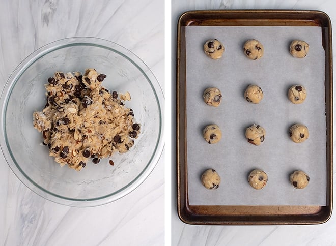 Two images showing the dough after is has been combined in the glass mixing bowl and rolled into balls and placed on a parchment paper lined baking sheet.