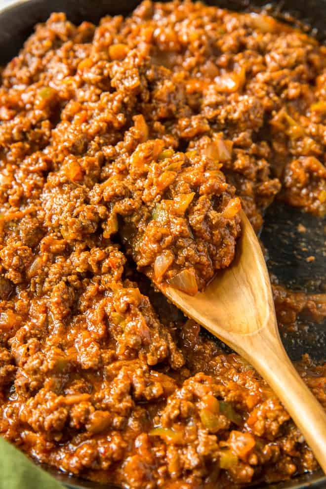A close up of the finished sloppy joe mixture in the skillet
