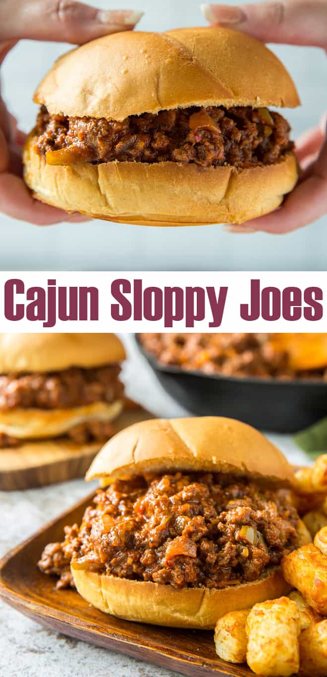 A two image vertical collage of Cajun Sloppy Joes