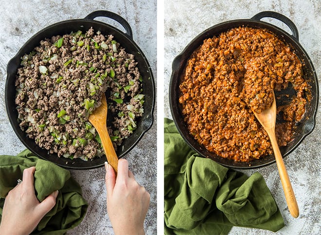 Side by by side process photos of cooking the sloppy joe mixture in a skillet.