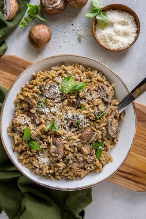 An over the top shot of orzo with mushrooms in a white bowl with a spoon.