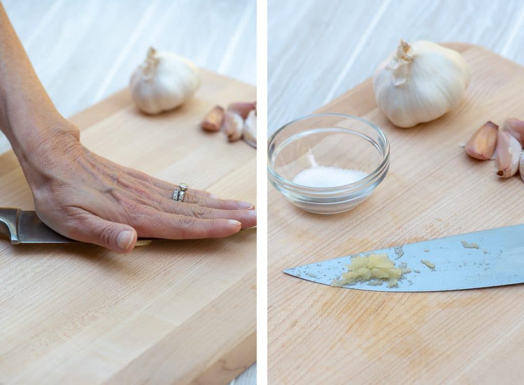 Two images side by side demonstrating how to crush garlic.