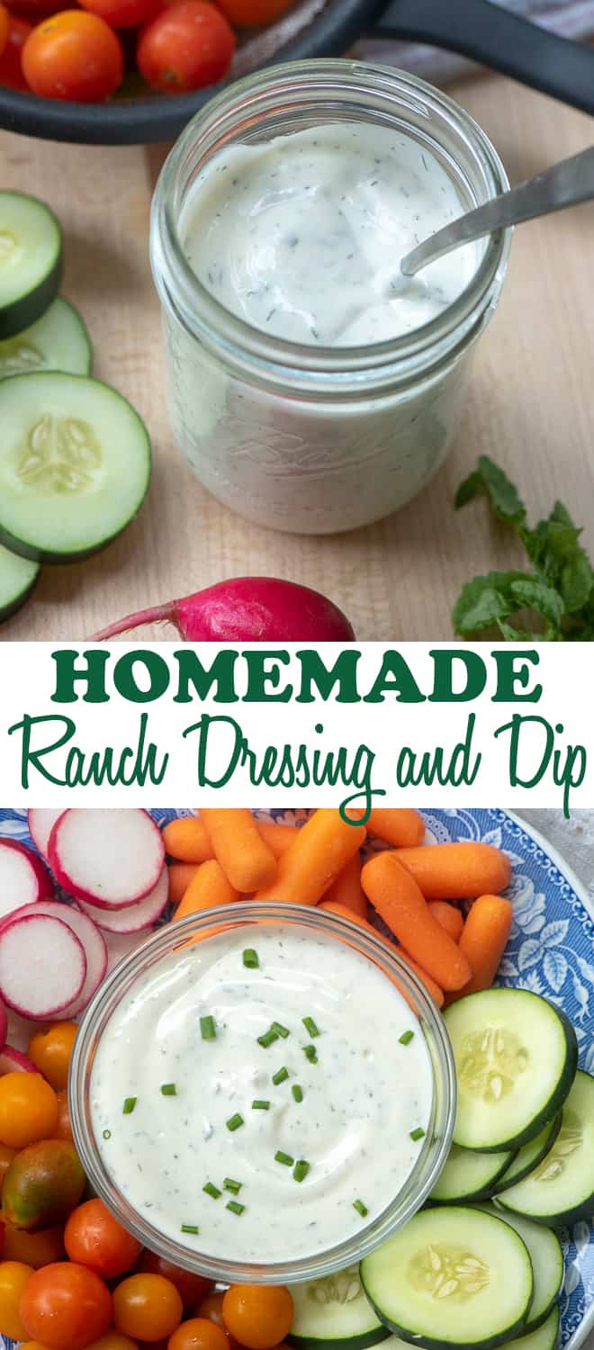 A two image vertical collage of Homemade Ranch Dressing and Dip in a mason jar and in a small bowl on a serving platter.