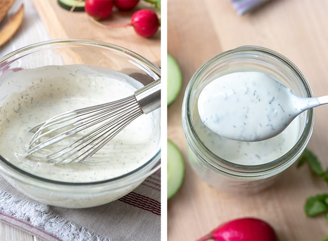 Two images side by side demonstrating how to mix up the Homemade Ranch Dressing and Dip.