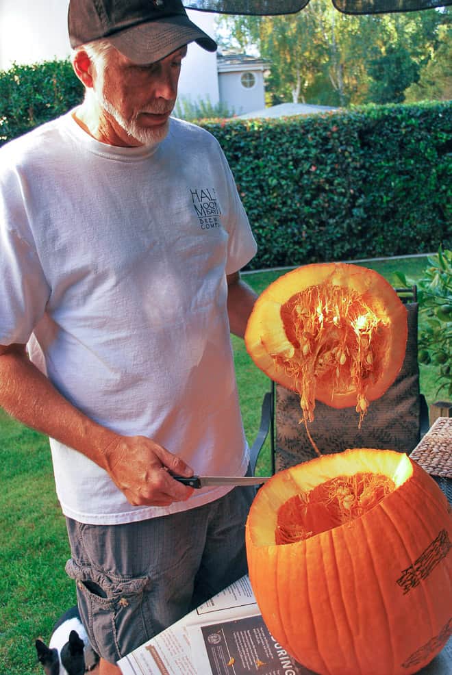 Paul carving the lid at an angle.