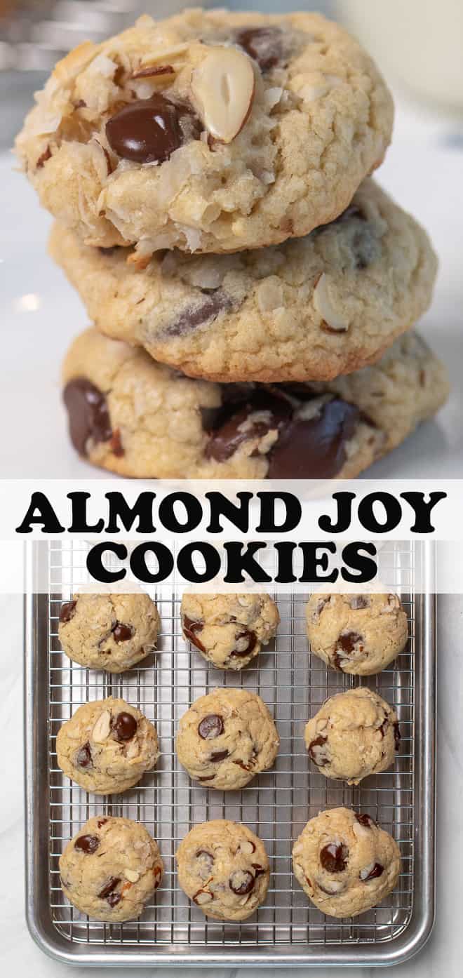 A vertical two image collage of Almond Joy Cookies with overlay text.